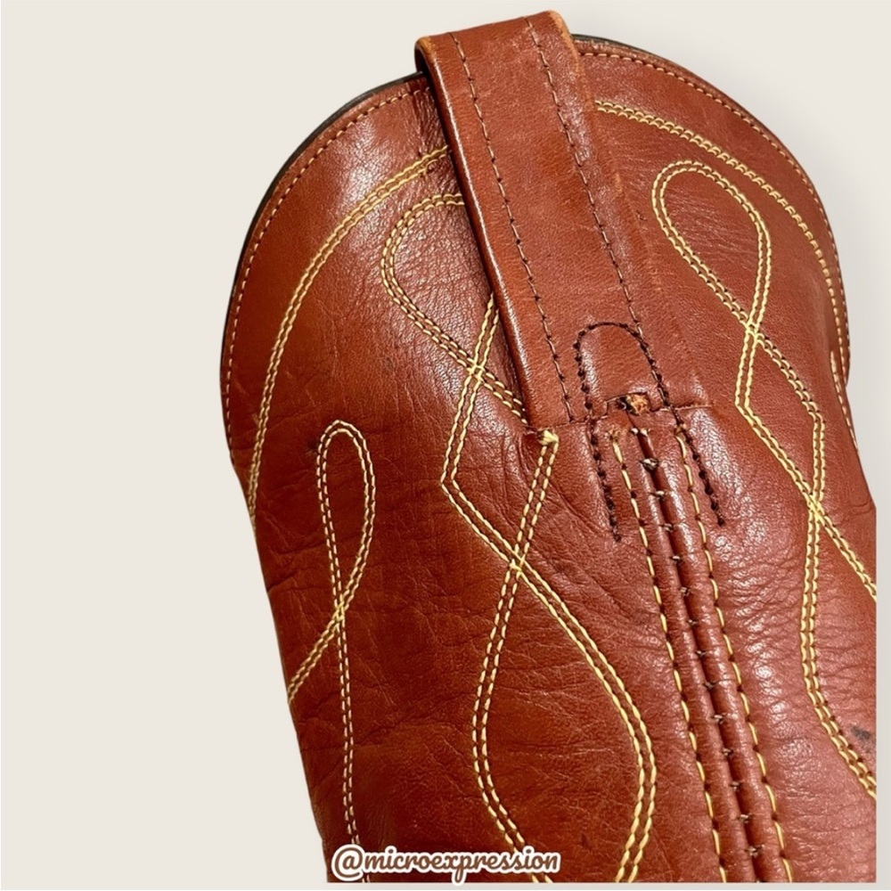 1980's VINTAGE Frye Swirl Stitch Embroidered Cognac Brown Leather Cowboy Boot - Picture 7 of 10